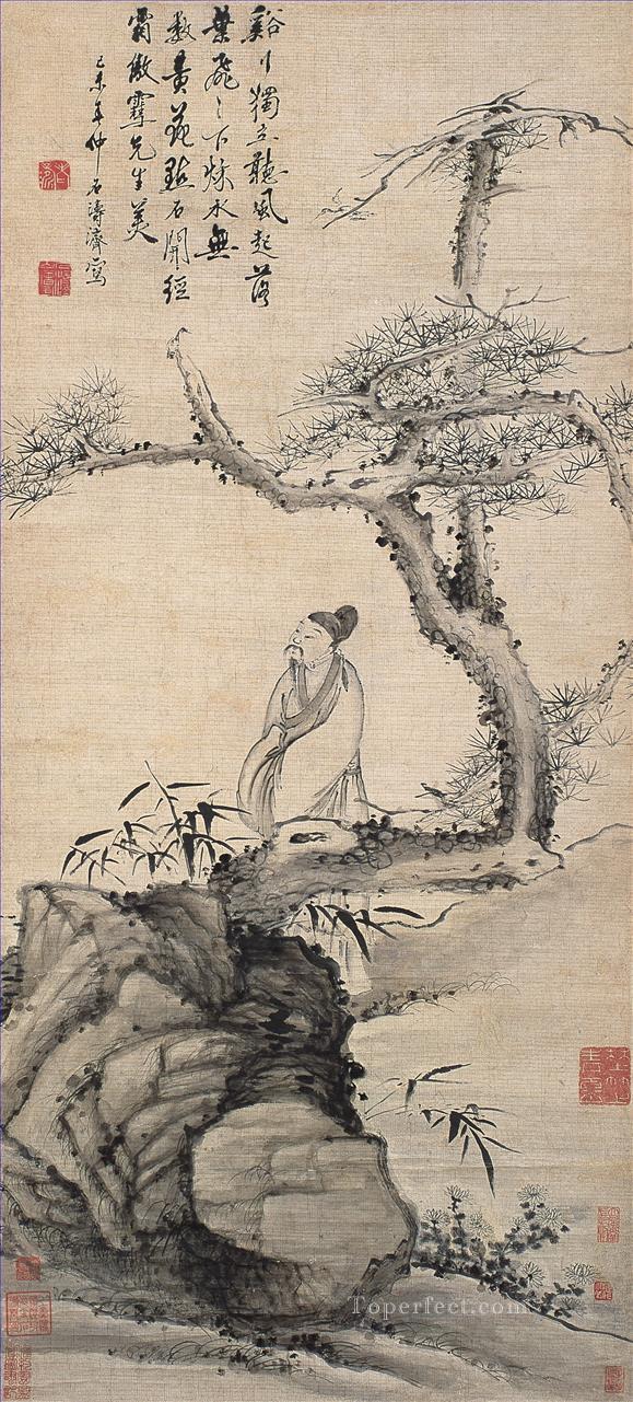 Caballero Shitao bajo tinta china antigua de pino. Pintura al óleo